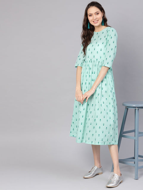 Women Green Printed A-Line Dress