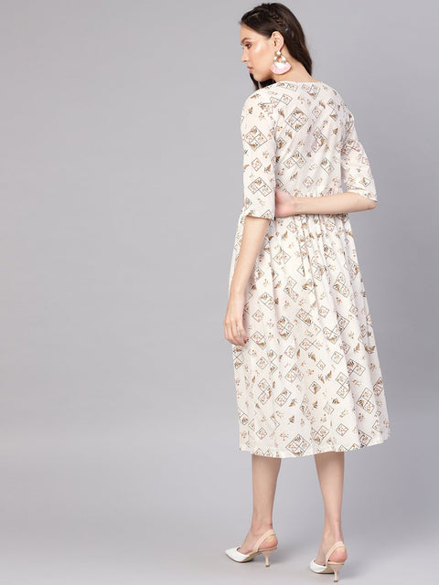 Women Off-White & Brown Printed A-Line Dress