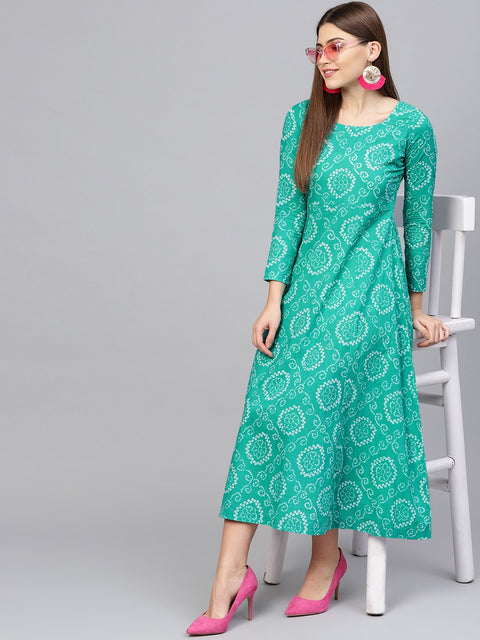 Women Green & White Printed Maxi Dress