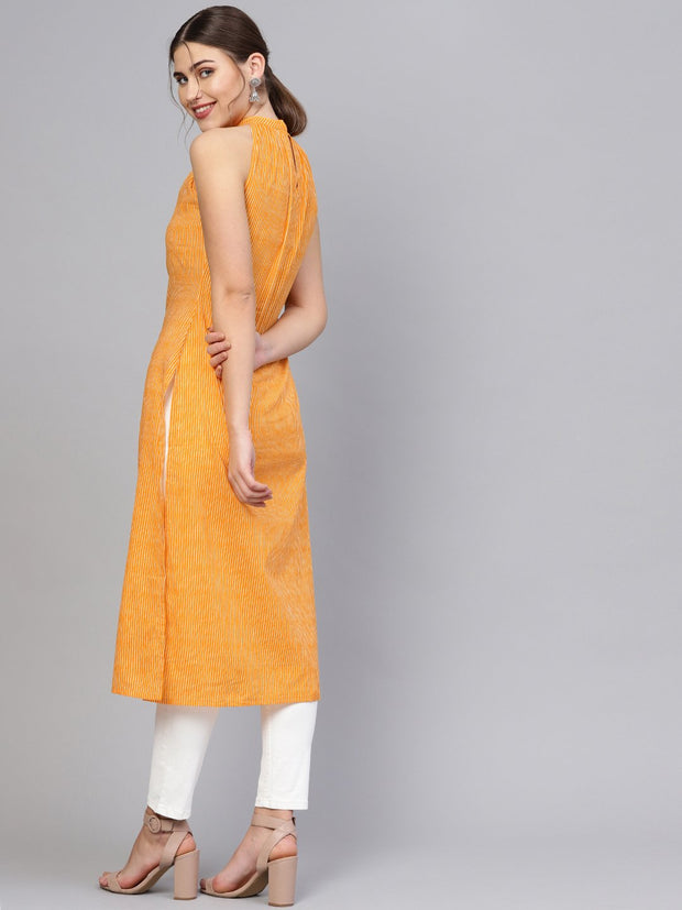 Women Orange & Off-White Striped Straight Kurta