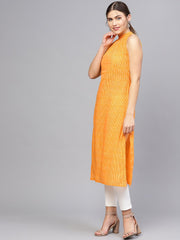 Women Orange & Off-White Striped Straight Kurta