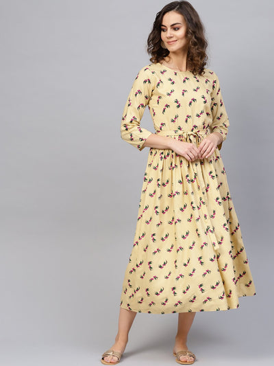 Women Beige & Magenta Printed A-Line Dress