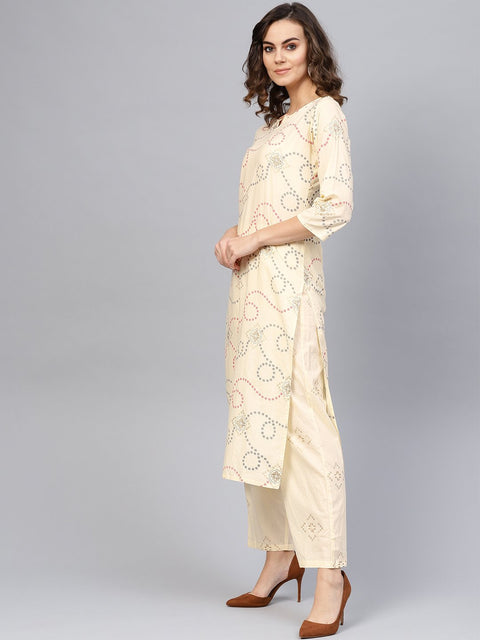 Women Cream-Coloured & Red Printed Kurta with Trousers