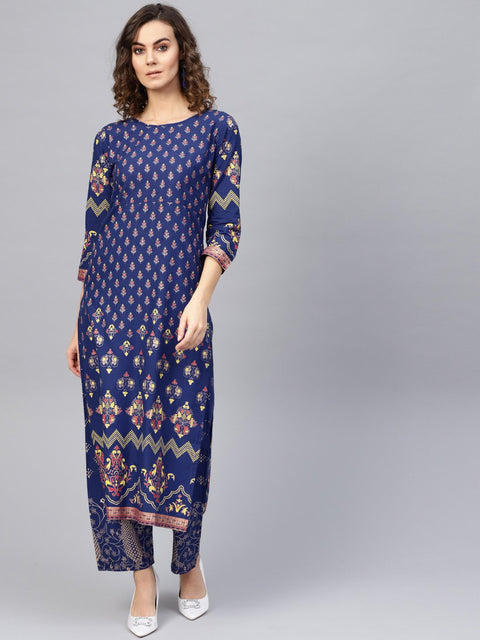 Women Blue & Golden Printed Kurta with Trousers