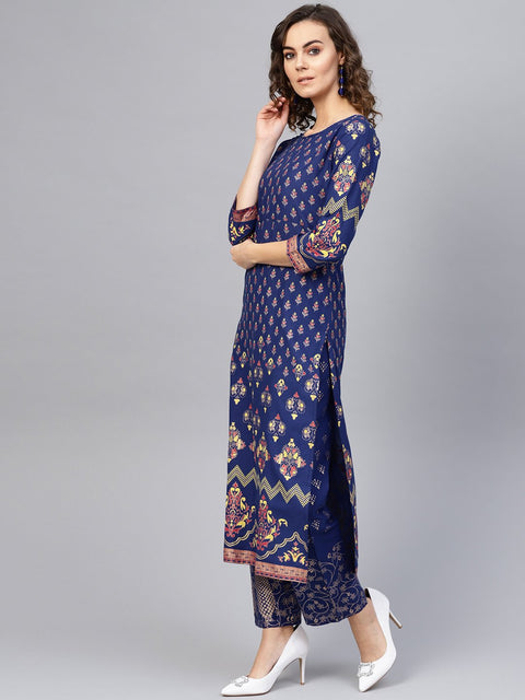 Women Blue & Golden Printed Kurta with Trousers