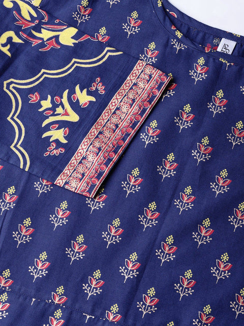 Women Blue & Golden Printed Kurta with Trousers