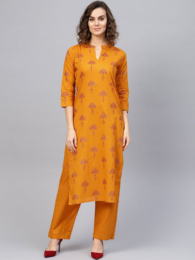 Women Mustard Yellow & Red Printed Kurta with Trousers