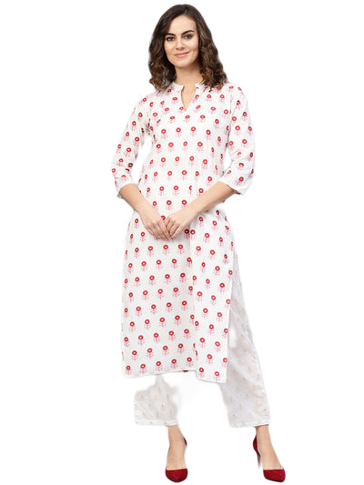 Women White & Red Printed Kurta with Trousers