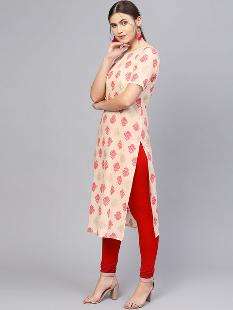Women Cream-Coloured & Pink Printed Straight Kurta