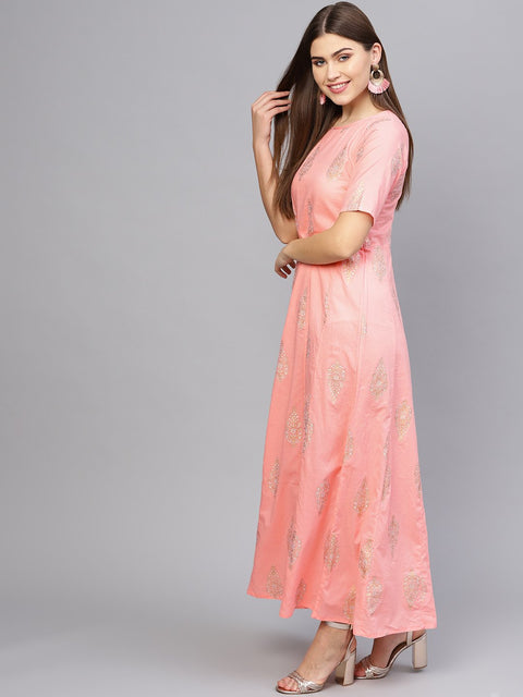 Women Pink & Golden Printed Maxi Dress