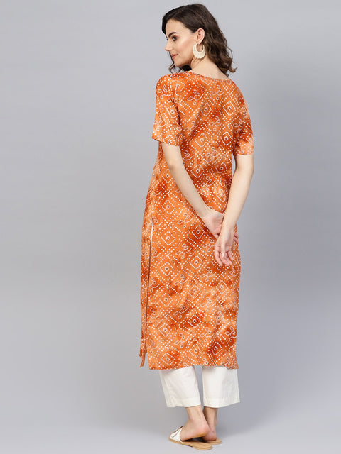Women Rust Orange & White Bandhani Printed Straight Kurta