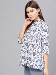 Women Off-White & Blue Printed A-line tunic