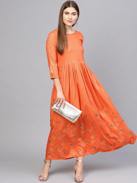 Women Orange & Golden Printed Maxi Dress