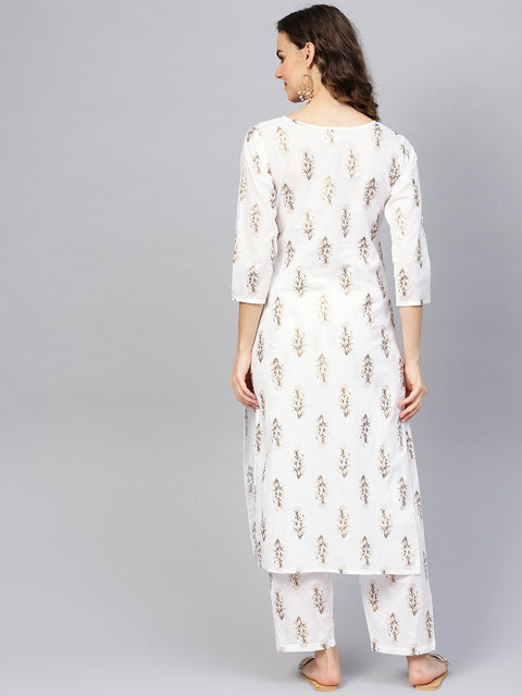 Women Off-White & Golden Printed Kurta with Trousers