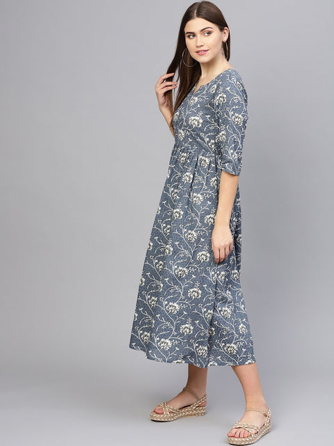 Women Navy Blue & Off-White Printed A-Line Dress