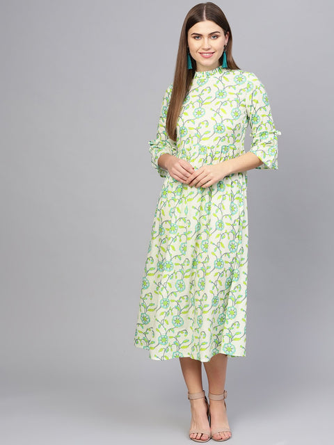 Women Cream-Coloured & Green Printed A-Line Dress