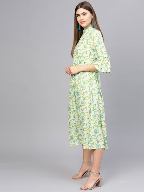 Women Cream-Coloured & Green Printed A-Line Dress