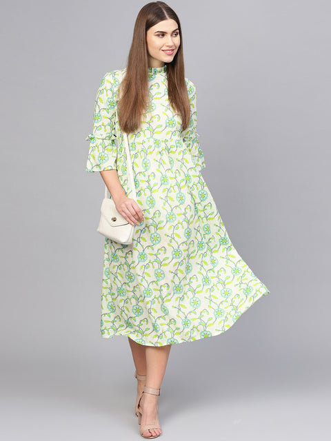 Women Cream-Coloured & Green Printed A-Line Dress