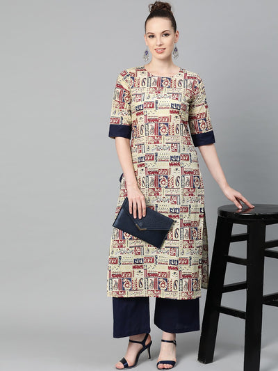 Beige with multi colored abstract print kurta with solid navy blue pallazos