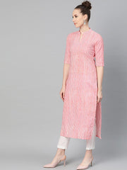 Pink & Off white Striped Printed Kurta with Solid White Pants
