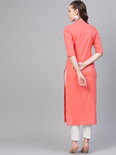 Solid Peach kurta with gathered detailing with Solid White Pants