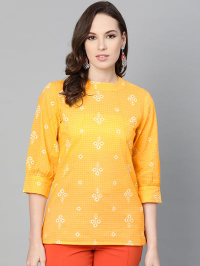 Yellow floral & checks printed a-line top