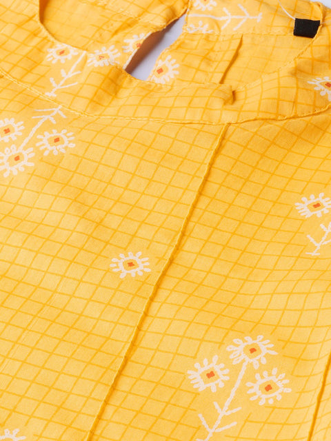 Yellow floral & checks printed a-line top