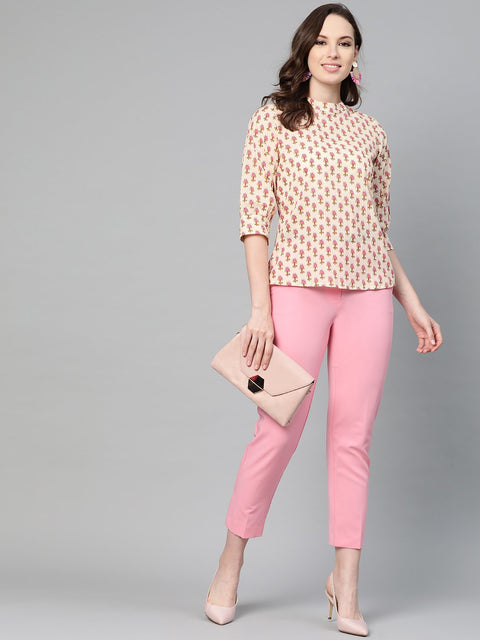Cream and pink floral printed a-line top