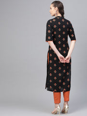 Black & rust orange multi floral printed kurta & solid pants