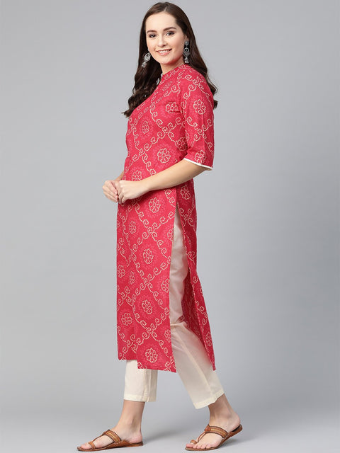 Red bandhani printed kurta with solid cream pants