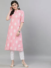 Women Pink & White Printed Straight Kurta