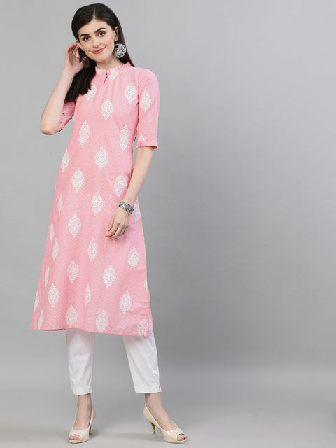 Women Pink & White Printed Straight Kurta