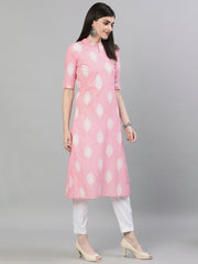 Women Pink & White Printed Straight Kurta