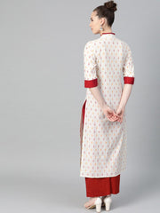 Off White with multi colored geometric print kurta with detailed collar and placket with solid maroon pallazo