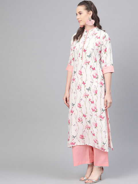 Off white multi colored floral kurta with collar and placket detailing with solid light pink pallazos