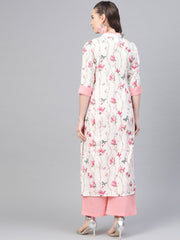 Off white multi colored floral kurta with collar and placket detailing with solid light pink pallazos