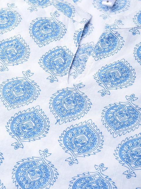 Off-white & blue Printed Straight kurta set with Palazzo & dupatta