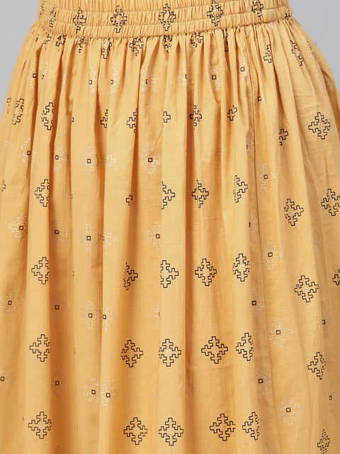 Berry Red & Mustard Yellow gold Printed Kurta set with Skirt