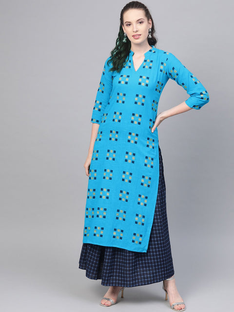 Blue and Beige Printed Kurta Set With Printed Skirt