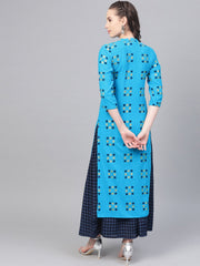 Blue and Beige Printed Kurta Set With Printed Skirt