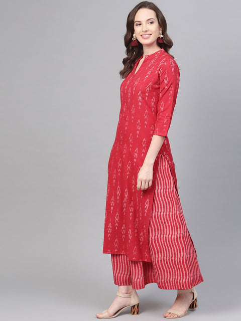 Fuscia Pink & grey Ikat printed Kurta set with Skirt