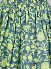 Teal Green & Lime Green Floral Printed Kurta Set with Skirt