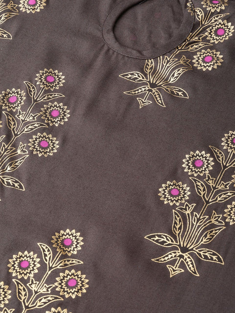Grey Gold Printed Kurta Set with Skirt