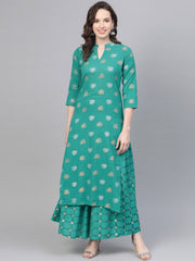 Rama Green Gold Printed Kurta set with Skirt
