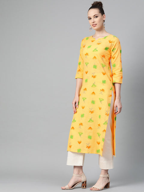 Yellow Multi colored Printed Kurta with Round neck with V & 3/4 sleeves