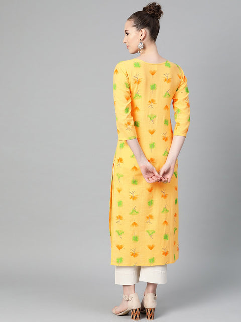 Yellow Multi colored Printed Kurta with Round neck with V & 3/4 sleeves