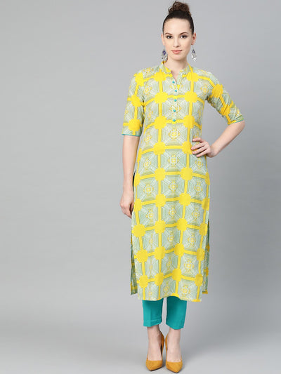 Mustard Printed Straight cotton kurta set with blue pant