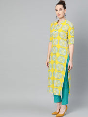 Mustard Printed Straight cotton kurta set with blue pant