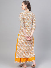 Cream & Yellow Gold floral printed Kurta set with Skirt