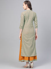 Pastel green Multi Colored Printed Kurta set with Solid Yellow Skirt